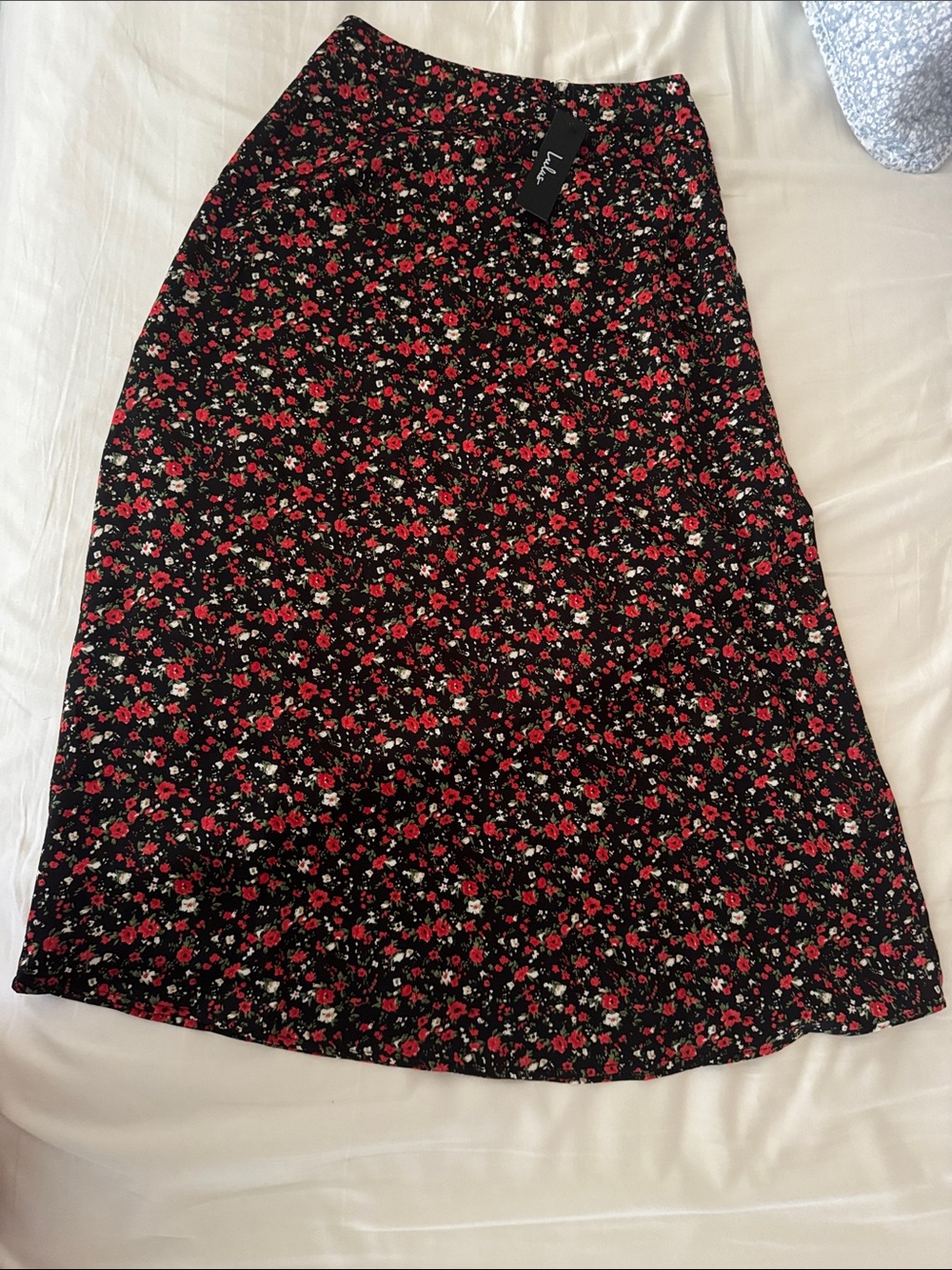 Lulu's Black Midi Skirt with Red and White Floral Print